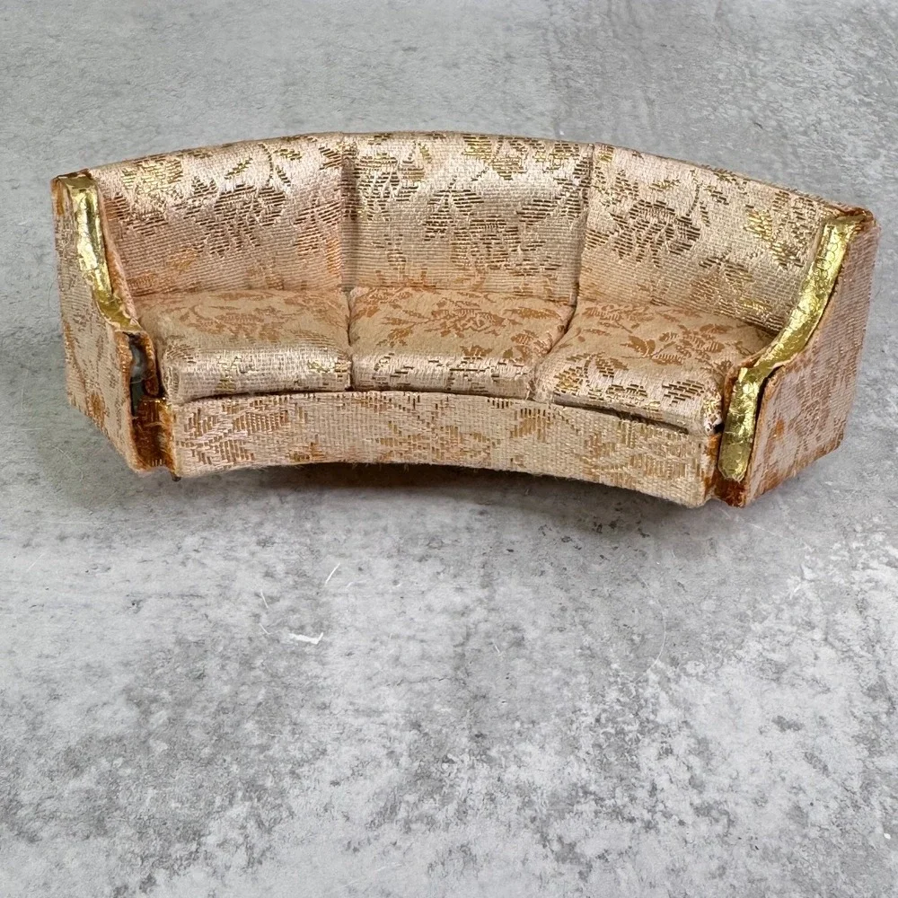 Vintage Miniature Curved Sofa Gold Brocade Hollywood Regency Dollhouse Couch